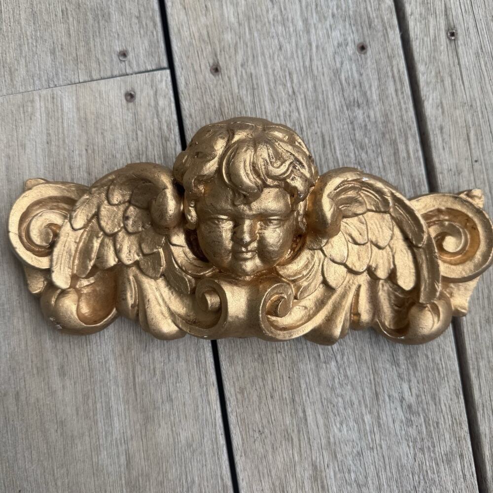 Vintage Art Noveau Gilted Plaster Gold Cherub With Wings Wall Plaque Whimsygoth